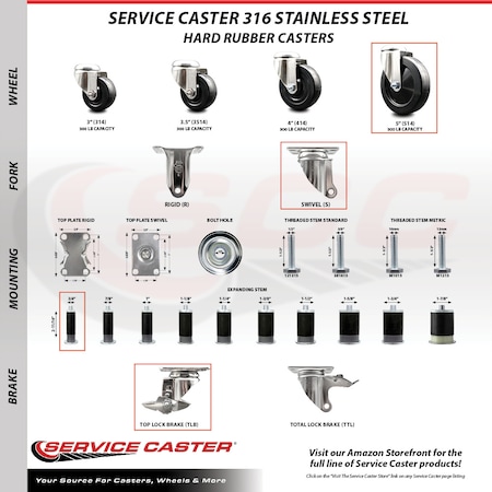 Service Caster 5 Inch 316SS Hard Rubber Swivel 3/4 Inch Expanding Stem Caster Set Brake SCC SCC-SS316EX20S514-HRS-TLB-34-4